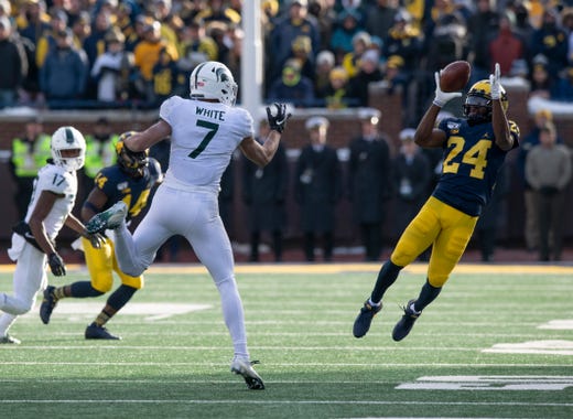 Michigan football Lavert Hill interception MSU Spartans Cody White